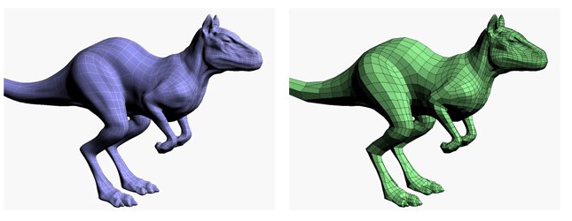 Two versions of the remeshed surface with different types of shading. These models are made up of far fewer shapes than the original tiangle mesh.