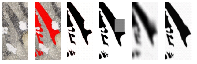 Figure 10: A specific structure in the fresco is selected and then reconstructed using <i>Cahn-Hilliard inpainting</i> for black and white images. From left to right: the original image; the relevant structure is identified; the structure is <i>binarised</i> (turned into a black and white image); the missing domain is identified (grey rectangle); the image structure is diffused into the missing domain, the structure is sharpened.