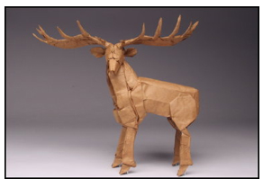 <i>Irish elk</i> made from one uncut square of Korean hanji paper. Size: 9 inches. Image courtesy <a href='http://www.langorigami.com'>Robert J. Lang</a>.