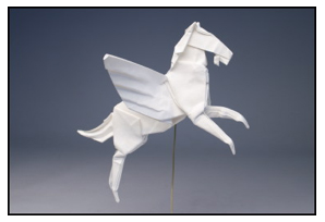 <i>Pegasus</i> made by Robert J. Lang from one uncut square of Korean hanji paper. Size: 7 inches. Image courtesy <a href='http://www.langorigami.com'> Robert J. Lang</a>.