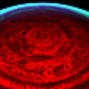 This nighttime view of Saturn's north pole by the <br>visual and infrared mapping spectrometer on board<br> NASA's Cassini orbiter clearly shows a bizarre <br>six-sided hexagon feature encircling the entire <br>north pole. Credit: NASA/JPL/University of Arizona