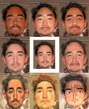 The many faces of Marc. Clockwise from top left: Afro-Caribbean, East Asian, West Asian, Older Gentleman, Manga Character, Botticelli painting, El Greco style, Teenager. Centre is the photo used for the manipulation.
