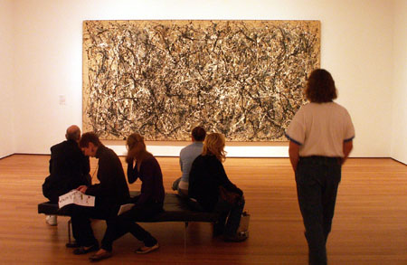 Jackson Pollock painting 'One: Number 31, 1950' at the Museum of Modern Art in New York. This photo was posted to wikipedia 5/1/2007 and is licensed under the Creative Commons Attribution-ShareAlike 2.5 License. See <a href='http://en.wikipedia.org/wiki/Image:Pollock31.jpg'>the image</a> for more information.
