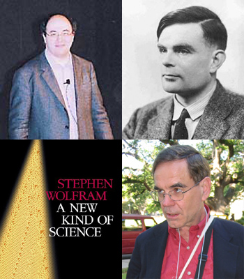 Clockwise from the top right &mdash; Alan Turing (photo from MacTutor), Vaughan Pratt (photo from andrej.com), </i>A New Kind of Science</i> by Stephen Wolfram, Stephen Wolfram (photo from The American Mathematical Society)