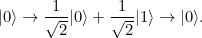 \[ |0\rangle \rightarrow \frac{1}{\sqrt{2}} |0\rangle + \frac{1}{\sqrt{2}} |1\rangle \rightarrow |0\rangle . \]