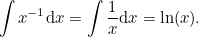 \begin{equation} \label{eq:int_ log} \int x^{-1}\mathrm{d}x = \int \frac{1}{x}\mathrm{d}x = \ln (x).\end{equation}