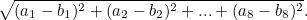 \[ \sqrt{(a_1-b_1)^2+ (a_2-b_2)^2+...+(a_8-b_8)^2}. \]