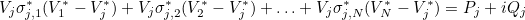 \begin{equation}  V_ j \sigma _{j,1}^* (V_1^*-V_ j^*) + V_ j \sigma _{j,2}^* (V_2^*-V_ j^*) +\ldots +V_ j \sigma _{j,N}^* (V_ N^*-V_ j^*) = P_ j+ iQ_ j \end{equation}