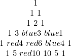 \[  \begin{array}{c} 1 \\ 1\  1 \\ 1 \  2 \  1 \\ 1 \  3 \  {\color {blue} 3} \  {\color {blue} 1} \\ 1 \  {\color {red} 4} \  {\color {red}6 } \  {\color {blue} 4} \  1 \\ 1 \  5 \  {\color {red} 10} \  10 \  5 \  1 \\ \end{array}  \]