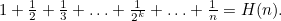 $1 + \frac{1}{2} + \frac{1}{3} + \dots + \frac{1}{2^ k} + \dots + \frac{1}{n} = H(n).$