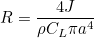 \begin{equation}  R = \frac{4J}{\rho C_ L\pi a^4} \end{equation}