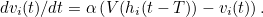 $dv_ i(t)/dt =\alpha \left(V(h_ i(t-T))-v_ i(t)\right).\[  \]$