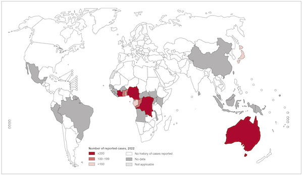 A world map showing the numbers of cases of Burulia ulcer reported in 2022.  The highest number of cases occur in sub-Saharan Africa and in Australia, with little or no cases reported elsewhere.