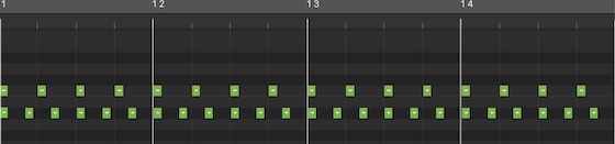 The fifth (3:2) – The image shows the sets of clicks played simultaneously in the audio sequence.   The first set (shown in the top line) has 4 clicks per bar, is the root note.  Below it is the second set with 6 clicks per bar, a ratio of (3:2) with the root note, creating the fifth note.