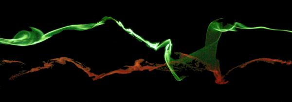 Onset of aircraft wake breakdown. The two wing-tip vortices are marked with different dye colours.