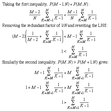 1/M+1/(M+1)+...+1/(N-1) < 1 < 1/(M-1)+1/M+...+1/(N-1)