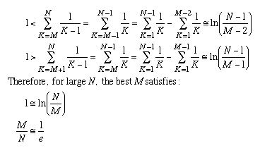 ln(N/M) =~ 1, M/N ~= 1/e