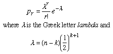 p[r] = lambda^r/r! * e^(-lambda), lambda = (n-k)*(1/2)^(k+1)