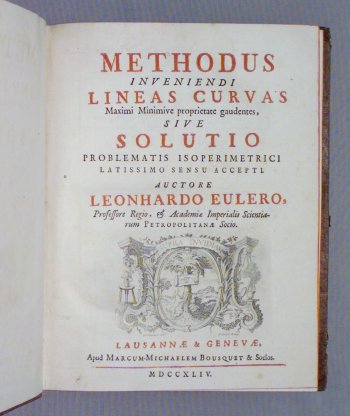 The front page of Euler's 1744 book. Image courtesy <a href='http://posner.library.cmu.edu/Posner/'>Posner Collection</a>, Carnegie Mellon University Libraries, Pittsburgh PA, USA.
