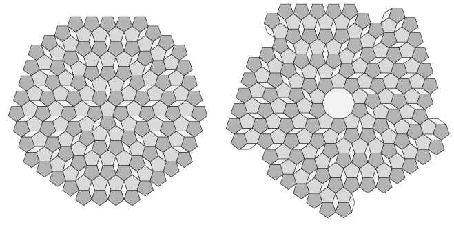 Figure 8: The radial arrangement on the left was described by DÃ¼rer. The spiral arrangement on the right incorporates a regular decagon.