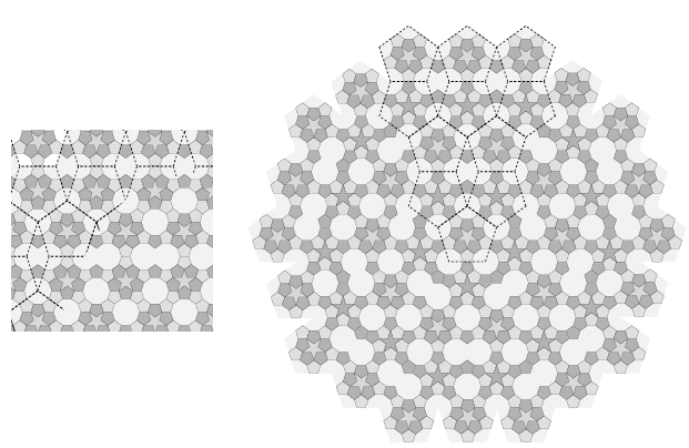 Figure 10: Tilings that result when the substitution rules of figure 9 are applied to the tiling of figure 7 and the first tiling of figure 8.