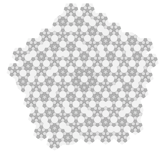 Figure 15: The spiral arrangement from figure 8, with rhombi subdivided as shown in figure 9, and the other shapes subdivided as shown in figure 13. We could suppress the monsters by subdividing them as in figure 12.