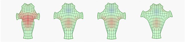 Several stages towards the end of the optimising process: quadilaterals are shaded according to how much they need to be stretched or shrunk.