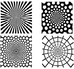 Computer generated representations of form constants. The top two images represent a funnel and a spiral as seen after taking LSD, the bottom left image is a honeycomb generated by marijuana, and the bottom right image is a cobweb. Image from <a href='#one'>[1]</a>, used by permission.