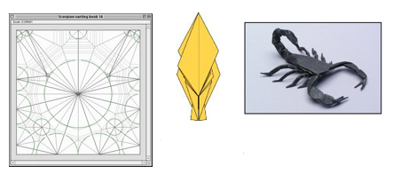 From left: Crease pattern formed by <i>TreeMaker</i>, the resulting base, and the finished model. Image courtesy <a href='http://www.langorigami.com'>Robert J. Lang</a>.