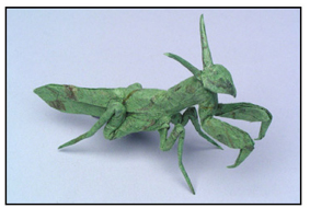 <i>Praying mantis</i> made from one uncut square of paper. Size: 4 inches. Image courtesy <a href='http://www.langorigami.com'>Robert J. Lang</a>.