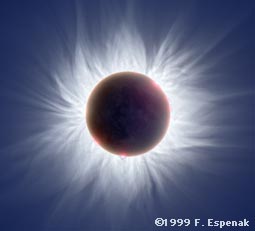 The sun's corona, captured during the 1999 total eclipse. Copyright 1999 by Fred Espenak.