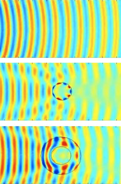The top image shows the microwaves <br>passing over an empty plan. The middle image is shows the disturbance to the microwaves caused by a metal cylinder. In the bottom image, the cylinder is placed in the 'invisibility' cloak, and we can see that the cloak greatly reduces the distortion, hiding the object.