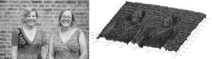 Photo of two white women smiling, then a 3D rendering of them as a surface