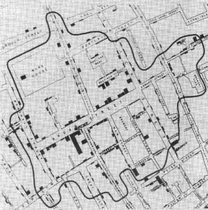 Old map of London neighbourhood with a squiggly black line circling most of it