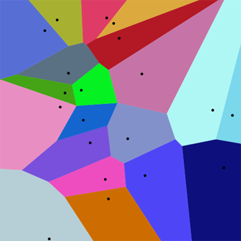 Voronoi diagram of multiple shapes in different colours, each with a dot in the middle