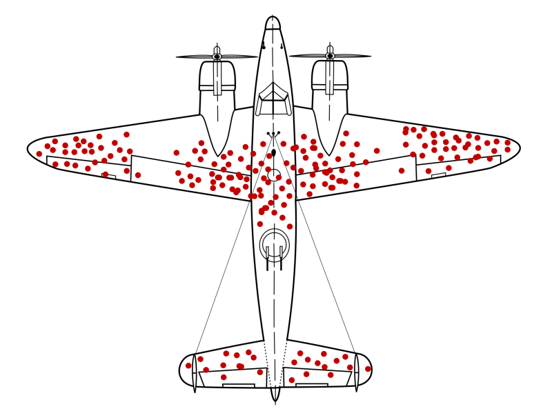 Drawing of a bomber place with red dots across wings and tail