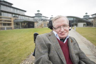 Stephen Hawking outside the Cambridge Maths Faculty