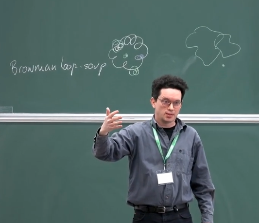 Wendelin Werner in front of a blackboard that says Brownian loop soup
