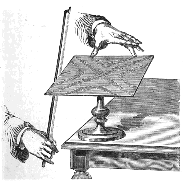 Black and white drawing of a hand holding a bow against a square plate
