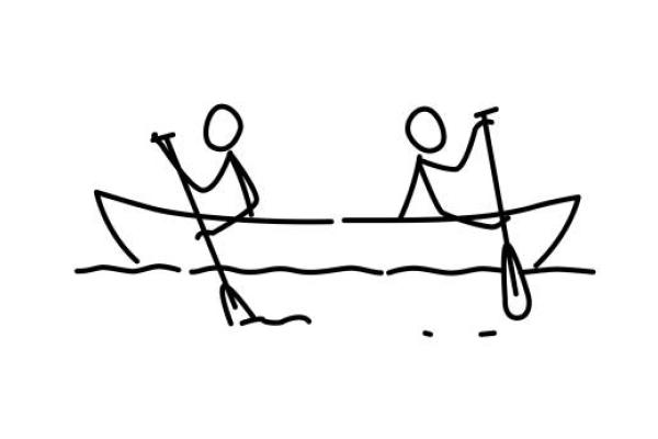 Two stick figures on a boat