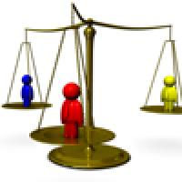 Three-way scales with a person on each plate