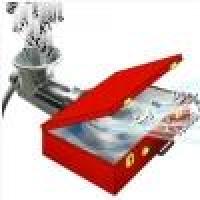 Numbers going into a pipe and coming out of a red suitcase